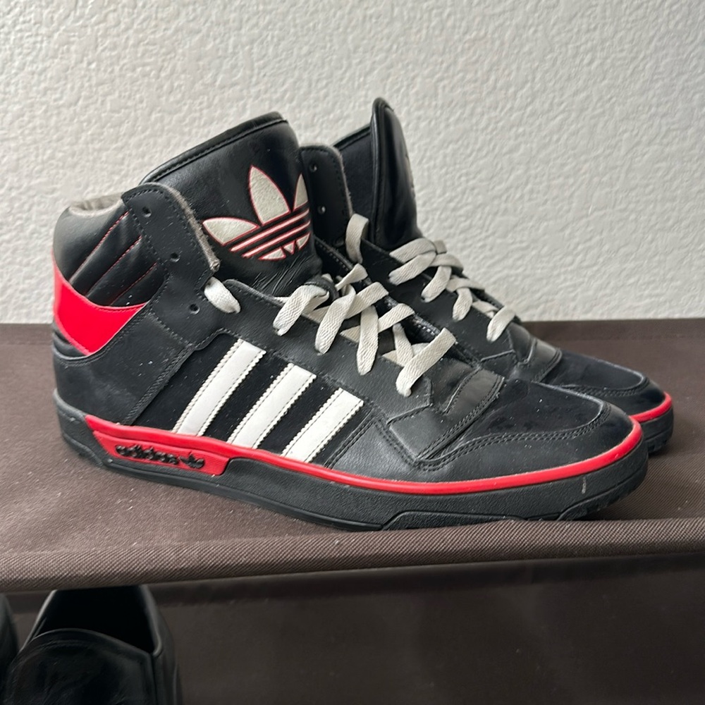 High Top Adidas Size 10.5 US Black/Red/White